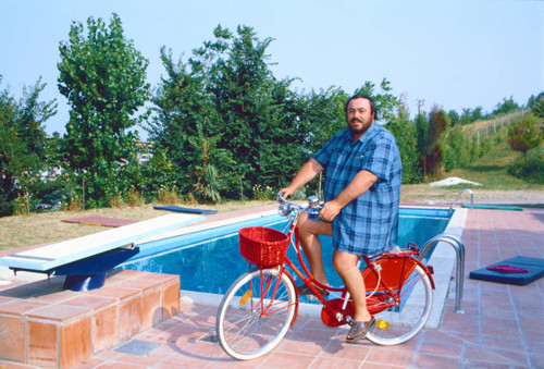 Pavarotti sitting on red bicycle near pool