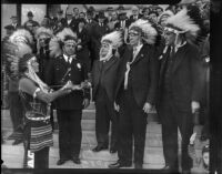 Cherokee Chief Thunder Cloud inducts prominent Los Angelinos into the "Old Glory Braves", March 9, 1934