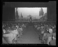 Meeting at Shrine Auditorium of striking Los Angeles Municipal Water and Power workers in 1944