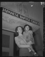 Virginia Swanson Yamamoto in front of Terminal Island Baptist Church, Terminal Island, 1940