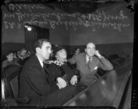 Busby Berkeley, mother, and lawyer Jerry Giesler in courtroom for Berkeley's vehicular manslaughter trial, Los Angeles, California, 1935