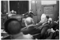 View from the juror's bench of accused murderer Paul A. Wright on the stand, Los Angeles, 1938