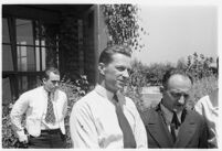 Russian aviators greet the press after breaking the non-stop flight record, flying from Moscow to San Jacinto, CA. July 14, 1937