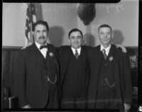 Deputy Sheriffs Yorba and Shehi pose with Sheriff Eugene W. Biscailuz at their retirement ceremony, Los Angeles, 1934