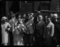 Prince and Princess Kaya of Japan pose with Mayor Frank Shaw at Le Grande Station, Los Angeles, 1934