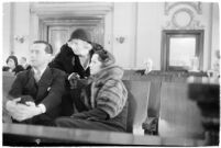 Actor Ben Lyon, his wife, actress Bebe Daniels, and their friend, actress Doris Kenyon, during a trial for Albert F. Holland, who wrote 150 love letters to Daniels, Los Angeles, 1933