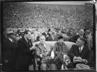 President Franklin D. Roosevelt, Eleanor Roosevelt, and Mayor Frank L. Shaw ride in a motorcade, Los Angeles, 1935