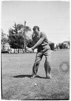 Golfer Fay Coleman demonstrates a series of "right" and "wrong" golf swings