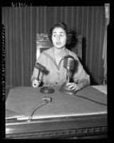 Los Angeles City Councilwoman Rosalind Wiener [Wyman] at council table, Calif., circa 1953