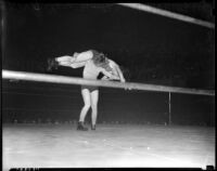 Female wrestlers Clara Mortensen and Mrs. Dick Rutherford squaring off in the ring, Los Angeles, 1937