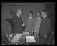 Los Angeles Mayor Fletcher Bowron meeting with Mike Masaoka, Eiji E. Tanabe and Scotty Tsuchiyam, Los Angeles, 1946