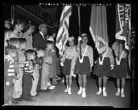 Children color guards in Moon Festival Parade, Chinatown, Los Angeles, Calif., 1954