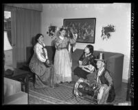 Korean American women's group members in traditional Korean clothes with Korean drummer Los Angeles, Calif., circa 1952