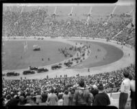 President Franklin D. Roosevelt arrives with motorcade at Los Angeles Memorial Coliseum, October 1, 1935