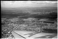 Aerial view of flooded neighborhoods and crops in North Hollywood, Los Angeles, 1938