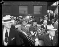 President Franklin D. Roosevelt, First Lady Eleanor Roosevelt, and Mayor Frank Shaw head out by motorcade from Central Station, Los Angeles, October 1, 1935