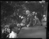 Senator Culbert L. Olson speaks at an outdoor Democratic rally, Los Angeles, 1935