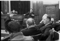 View from the juror's bench of accused murderer Paul A. Wright on the stand, Los Angeles, 1938