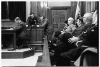 View from the juror's bench of accused murderer Paul A. Wright on the stand, Los Angeles, 1938