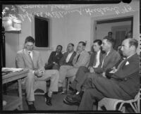 William A. Hudson testifies before the coroner's jury for murder charges brought against Busby Berkeley for drunk driving, Los Angeles, 1935