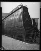 Line of car frames outside Studebaker's Los Angeles assembly plant, circa January 2, 1936