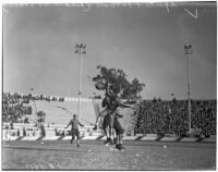 Players collide during an NFL football game between the Green Bay Packers and the Chicago Bears at Gilmore Stadium, Los Angeles, 1937