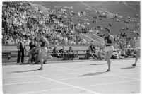 Finish of a race during a track meet between UCLA and USC, Los Angeles, 1937