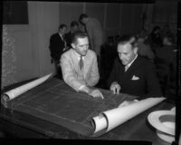 Col. Richard Barnitz meets with Archibald Young over airport improvement plans, Los Angeles, 1935