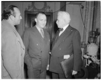 State board of equalization member William G. Bonelli with A. Brigham Rose and Carlos S. Hardy at the liquor license bribe trial, Oct. 1939 - May 1940