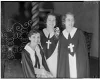 Evangelists Roberta Semple, Rheba Crawford, and Harriet Jordan awaiting pastor Aimee Semple McPherson of Angelus Temple, Los Angeles, 1936