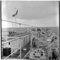 Deck of Tony Cornero's newly refurbished gambling ship, the Bunker Hill or Lux, Los Angeles, 1946