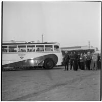 Police stand by as strikers meet a bus of reinforcements during the Conference of Studio Unions strike, Los Angeles, October 19, 1945