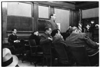 Defense attorney Jerry Giesler in court during the trial of accused murderer Paul A. Wright, Los Angeles, 1938. nt Los Angeles defense attorney Jerry Giesler, photographed in court during the "white flame" double homicide trial. Los Angeles, 1938