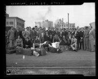 Group portrait of the University of Mexico football team upon arrival in Los Angeles, Calif., 1935