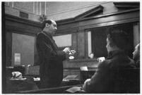 Defense attorney Jerry Giesler, in court during murder trial of Paul A. Wright, circa February 1938