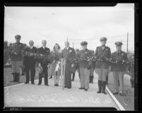 Governor Olson and Tournament of Roses Queen Sally Stanton at dedication of Arroyo Seco Parkway, Los Angeles, 1940