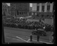 Postmaster Mary D. Briggs speaking at the ceremony for the laying of the Federal Building cornerstone, Los Angeles, 1938