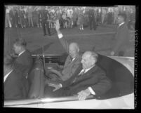 Dwight Eisenhower and Goodwin Jess Knight riding in motorcade in Los Angeles, Calif., 1954