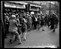 Demonstrators in downtown Los Angeles during unemployment demonstration led by communists, dubbed "Red Riot," 1930