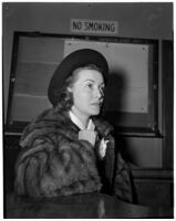 Actress Rosalind Keith in court waiting to have a divorce granted from Willison Clarence Mellor, Los Angeles, 1940