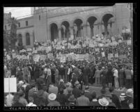 Crowd of demonstrators on steps of Los Angeles City Hall during CIO organized anti-war rally in 1940