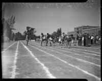 Track athletes pass batons during the All-City High School track and field meet, Los Angeles, 1937