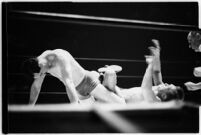 Heavyweight wrestler Vincent López grappling with newcomer El Pulpo at the Olympic, Los Angeles, 1937