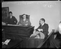 Coroner Frank Nance listens to testimony from Roland West at the grand jury hearings into death of actress Thelma Todd, December 18, 1935