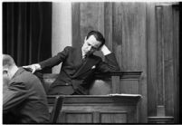 Accused murderer Paul A. Wright on the witness stand, Los Angeles, 1938