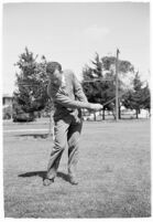 Golfer Fay Coleman demonstrates a series of "right" and "wrong" golf swings