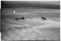 Aerial view of rushing flood waters in North Hollywood, Los Angeles, 1938