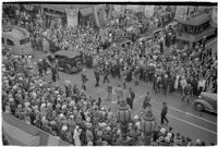 Aerial view of parade route for the Mystic Shrine's Durbar Festival, Los Angeles, 1937