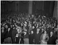 Crowd rejoices at the Democratic headquarters after Franklin D. Roosevelt wins the presidential election, Los Angeles, 1936