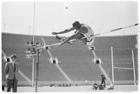 UCLA high jumper in mid-leap, Los Angeles, 1937